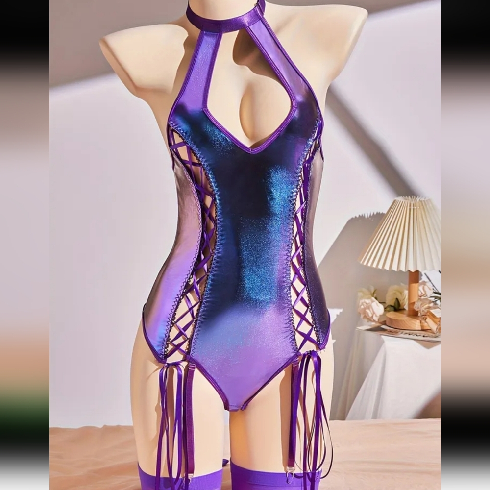Iridescent Holographic Mystic Purple Double Lace up Halter Bodysuit W/Garters